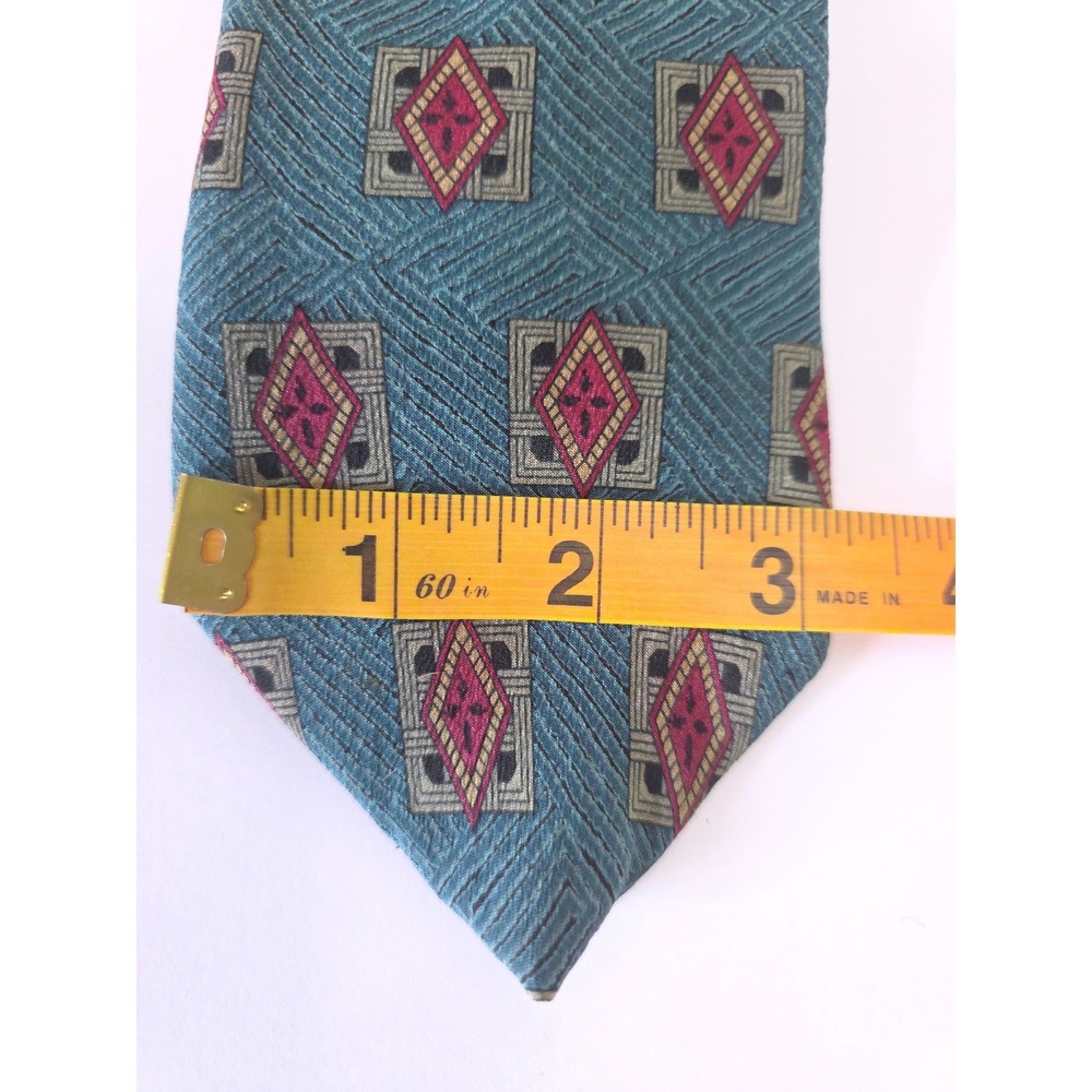 VTG Karl Lagerfeld Silk Tie Teal Blue Burgundy Geometric Diamond Pattern 3.75" - Picture 2 of 5